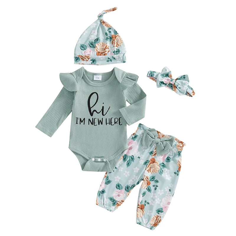 Baby Girls 4 Piece Outfit Letter Print Long Sleeve Romper Floral Print Pants Headband Hat Set Cute Clothes