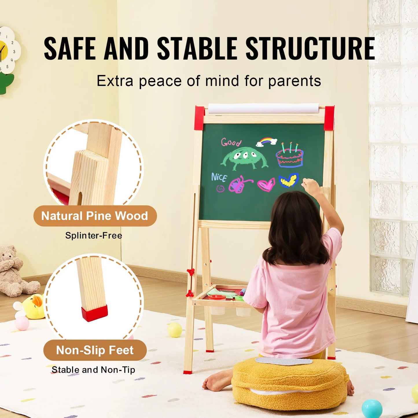 VEVOR Wooden Magnetic Drawing Board for Kids Portable Easel