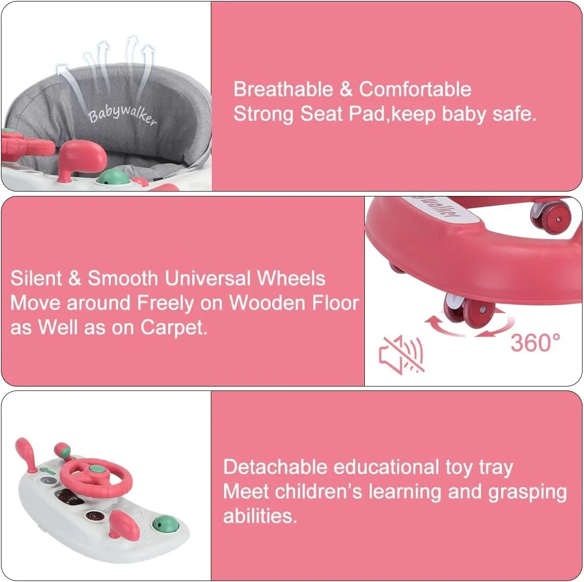 2 In 1 Baby Walker Toddler Push Walker With Removable Feeding Tray And Music Tray Foldable Walker