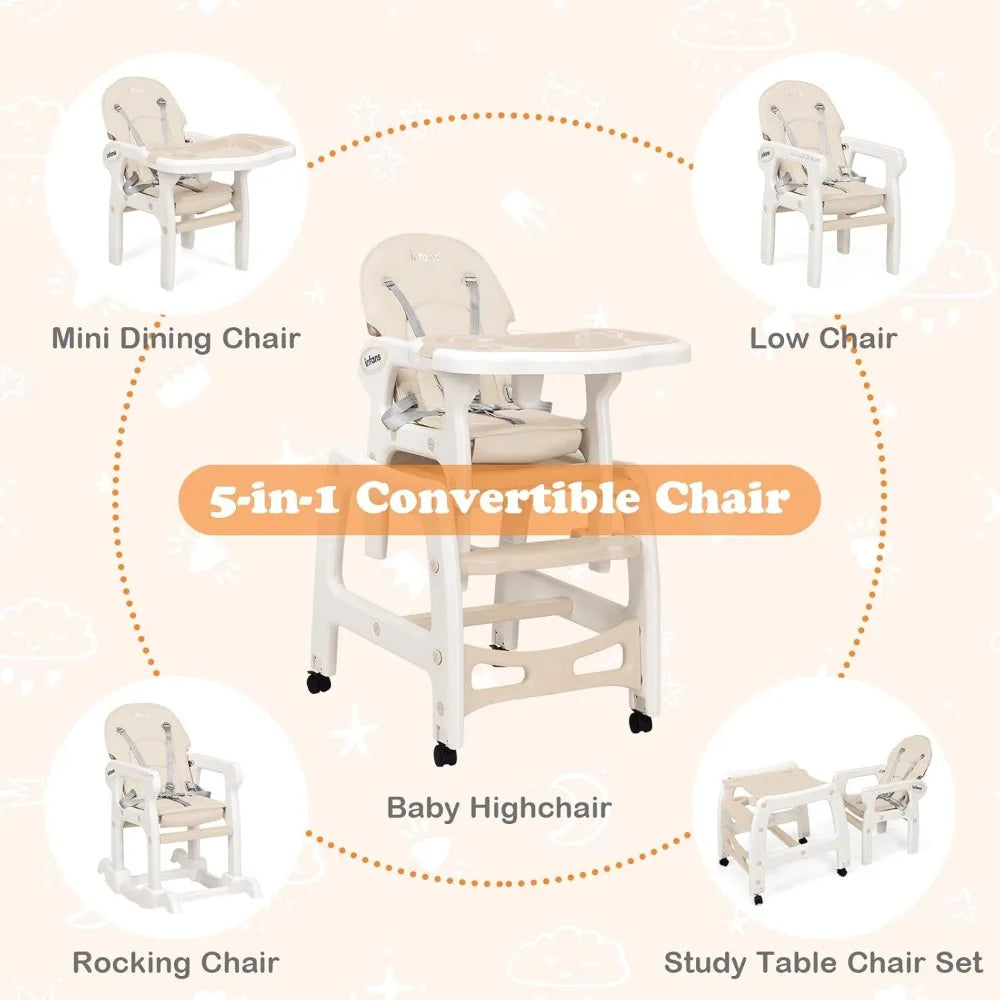 5 In 1 Baby High Chair Convertible Toddler Table Chair Set Rocking Chair Multi Function Seat with Lockable Universal Wheels