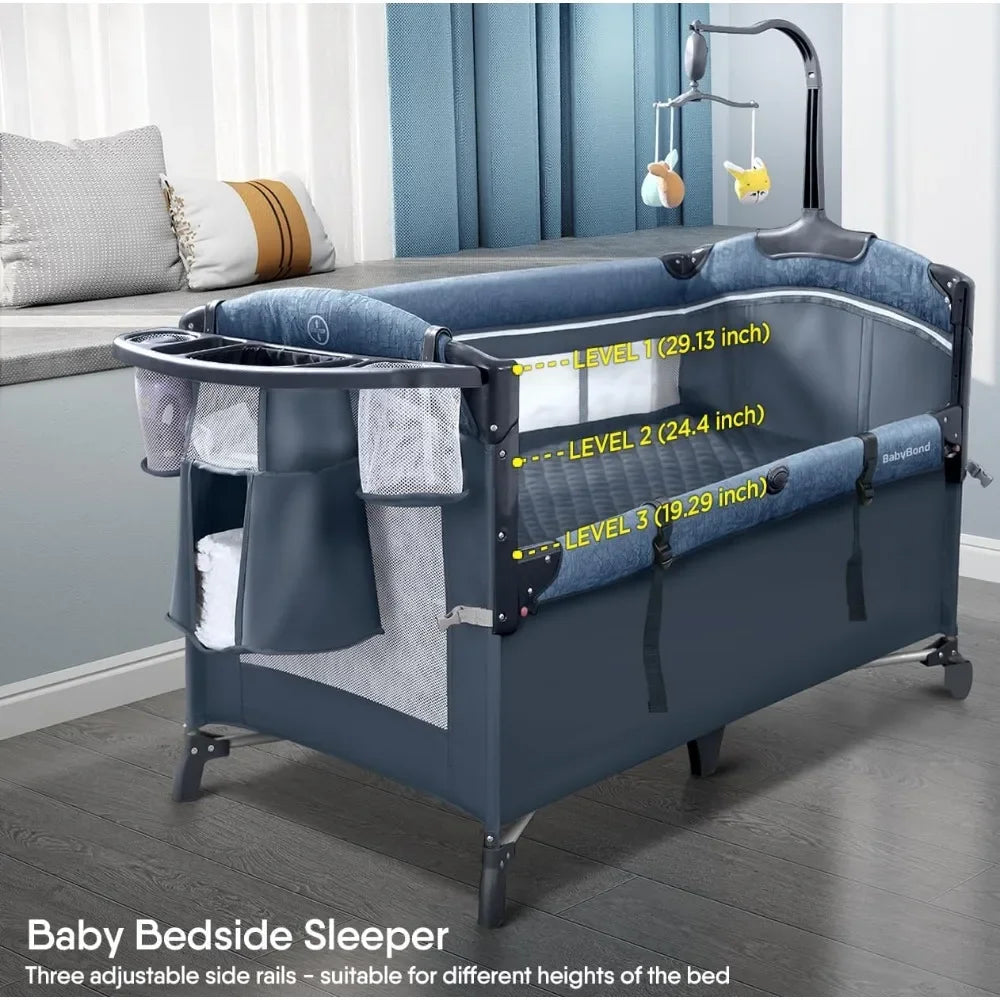 Bassinet Bedside Crib Pack and Play with Sheet Diaper Changing Table and Music Mobile Portable for Newborn to Toddlers