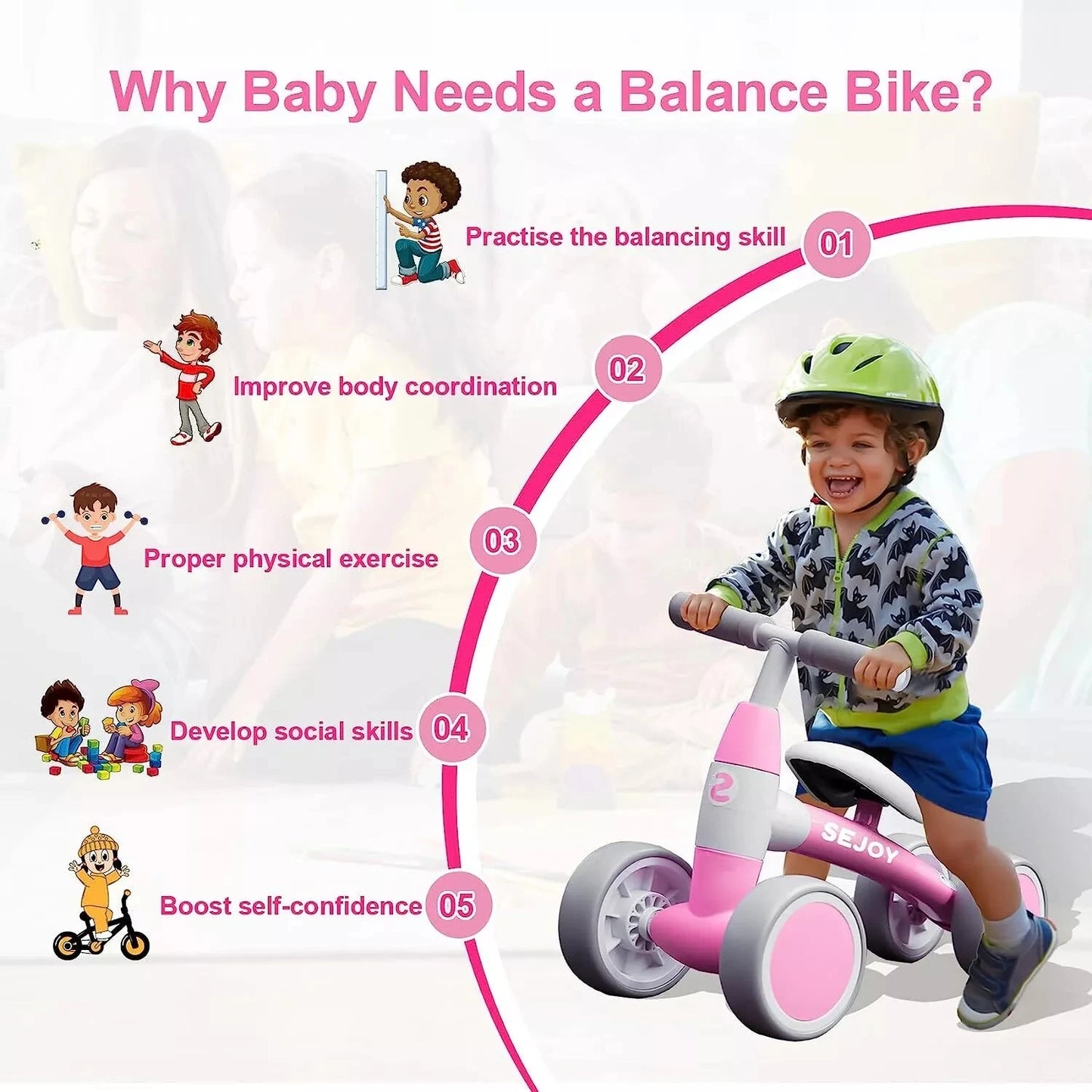 Sejoy Baby Walker Toddler Bicycle Toys Ride On Balance Bike 4 Wheels Birthday Gifts For Girls Boys Ages 1 To 3 Years