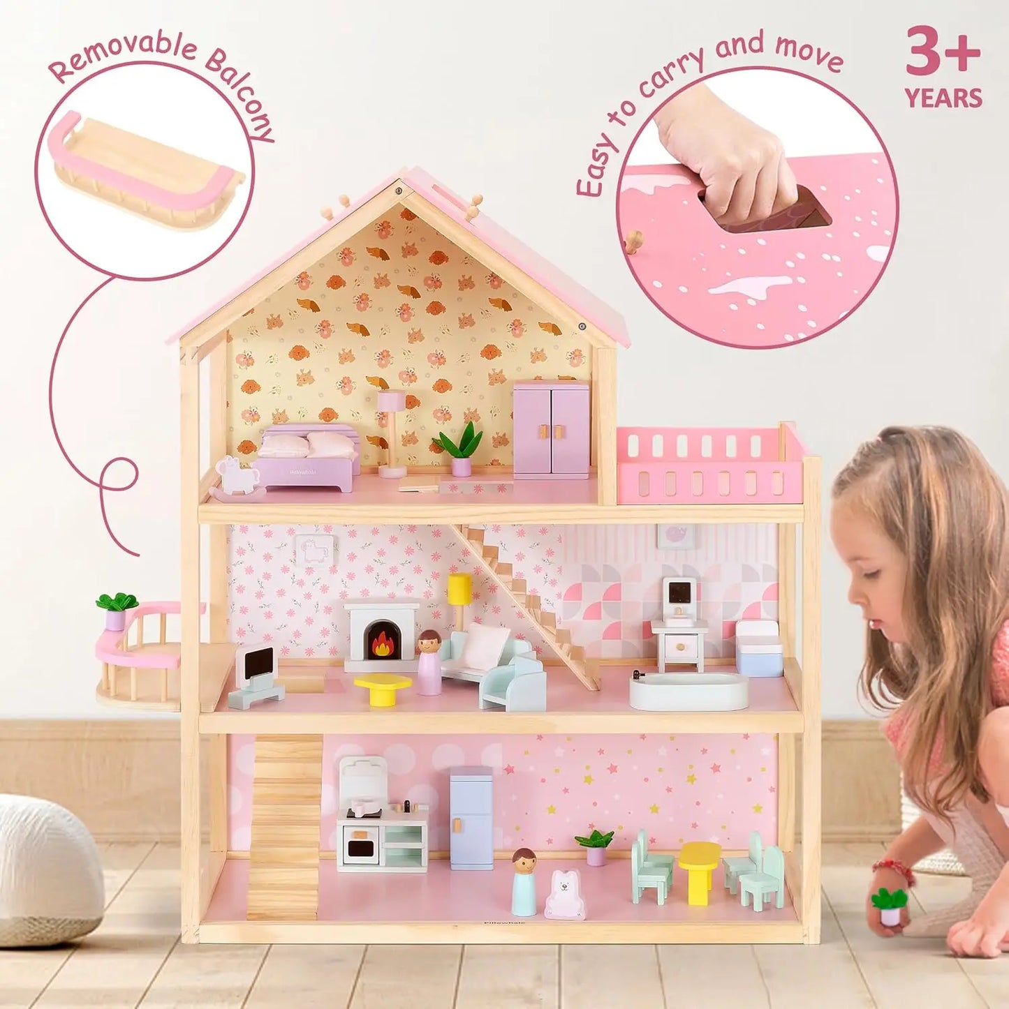 Wooden Dollhouse with 36Pcs Dollhouse Furniture Accessories, 7 Rooms Large Modern Doll House, Ideal Toy Gift for Girls Boys Todd