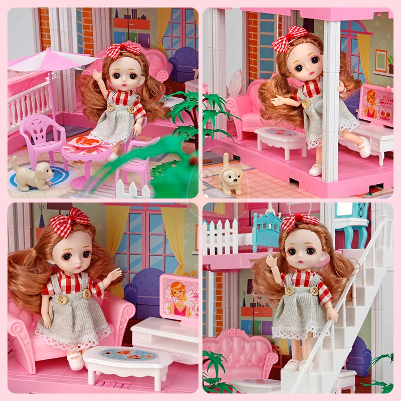DIY Princess Big Villa Simulation Assembled Dollhouse Pink Castle Pretend Play Doll Game Educational Toy For Girl Birthday Gift