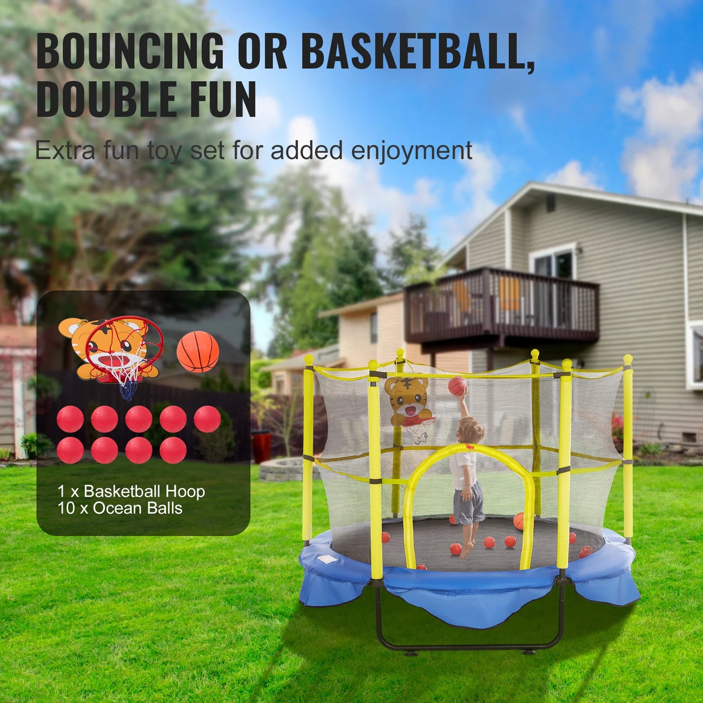 VEVOR 60 Inch 5FT Trampoline for Kids with Safety Enclosure Net Basketball Hoop and Ocean Balls Indoor Outdoor