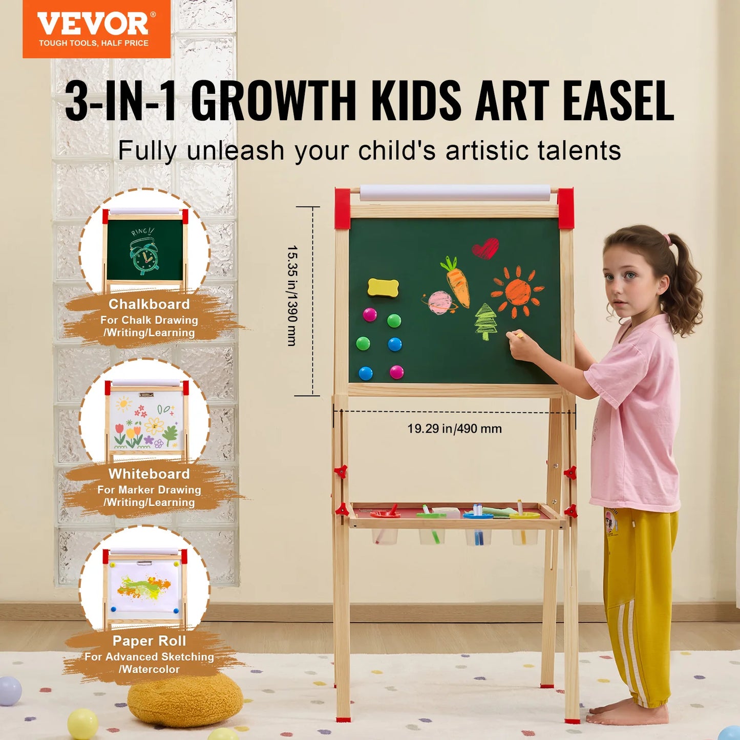 VEVOR Wooden Magnetic Drawing Board for Kids Portable Easel