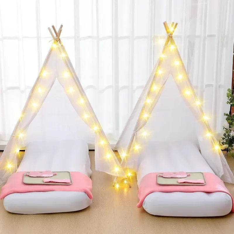 Kids Teepee Tent Set With Light String 8 Pcs Natural Cotton