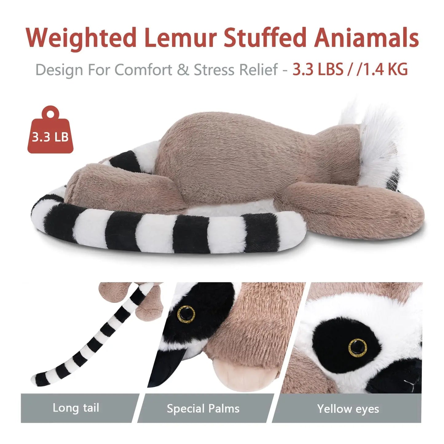 Niuniu Daddy 20 Inch Lemur Weighted Stuffed Animal Plush Toy Large Pillow for Kids Adults and Babies