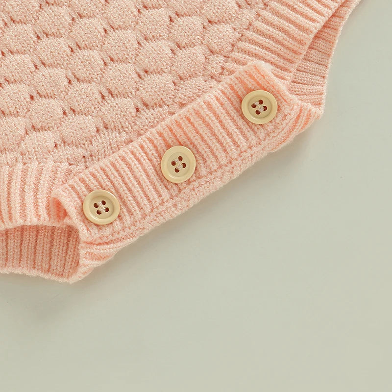 Adorable Baby Girls Knitted Ruffle Romper with Long Sleeves Solid Color Jumpsuit for Newborn Infant Toddler