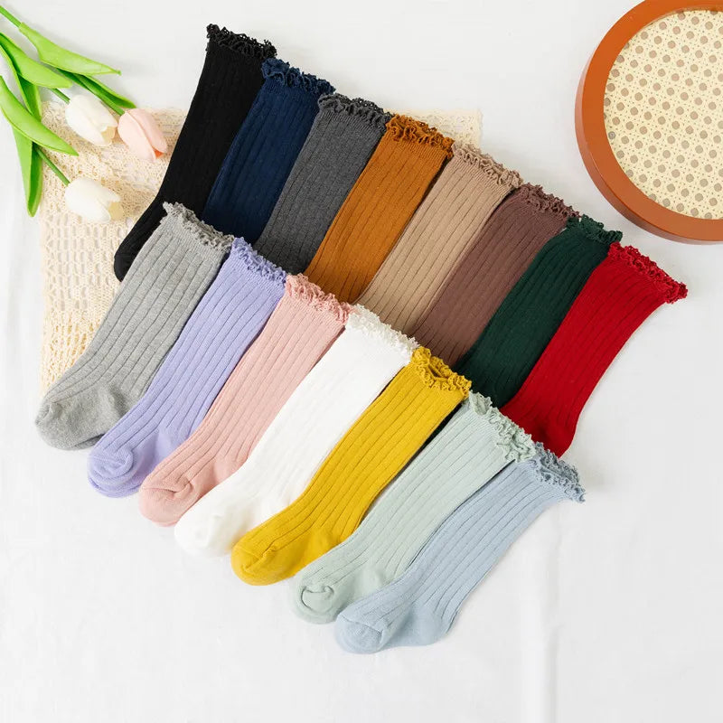 Ruffle Knee High Socks For Girls Cotton Lace Flower 0 To 8