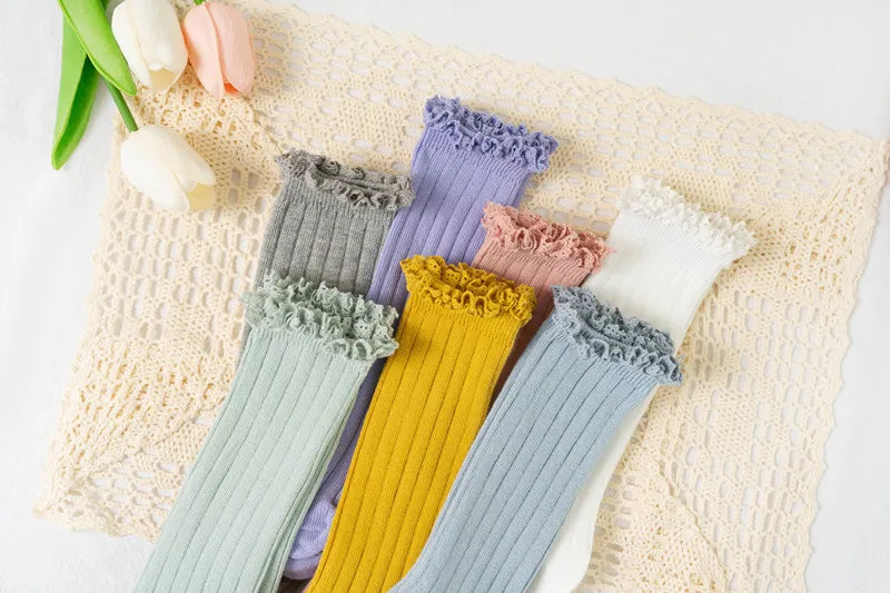 Ruffle Knee High Socks For Girls Cotton Lace Flower 0 To 8
