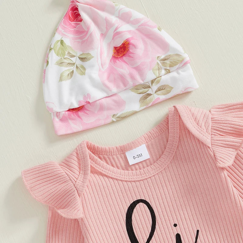 Baby Girls 4 Piece Outfit Letter Print Long Sleeve Romper Floral Print Pants Headband Hat Set Cute Clothes