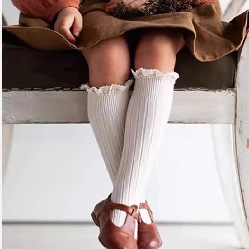 Ruffle Knee High Socks For Girls Cotton Lace Flower 0 To 8