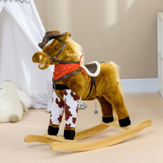 Baby Rocking Horse Large Riding Horse Plush Animal Rocker with Realistic Sound Saddle Toy for Boys and Girls Ages 3 to 8 Years Old Brown