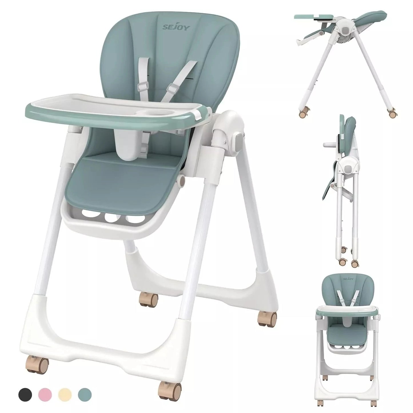 Sejoy Baby High Chair Foldable Highchair Adjustable Backrest Double Removable Tray Detachable PU Leather Cushion