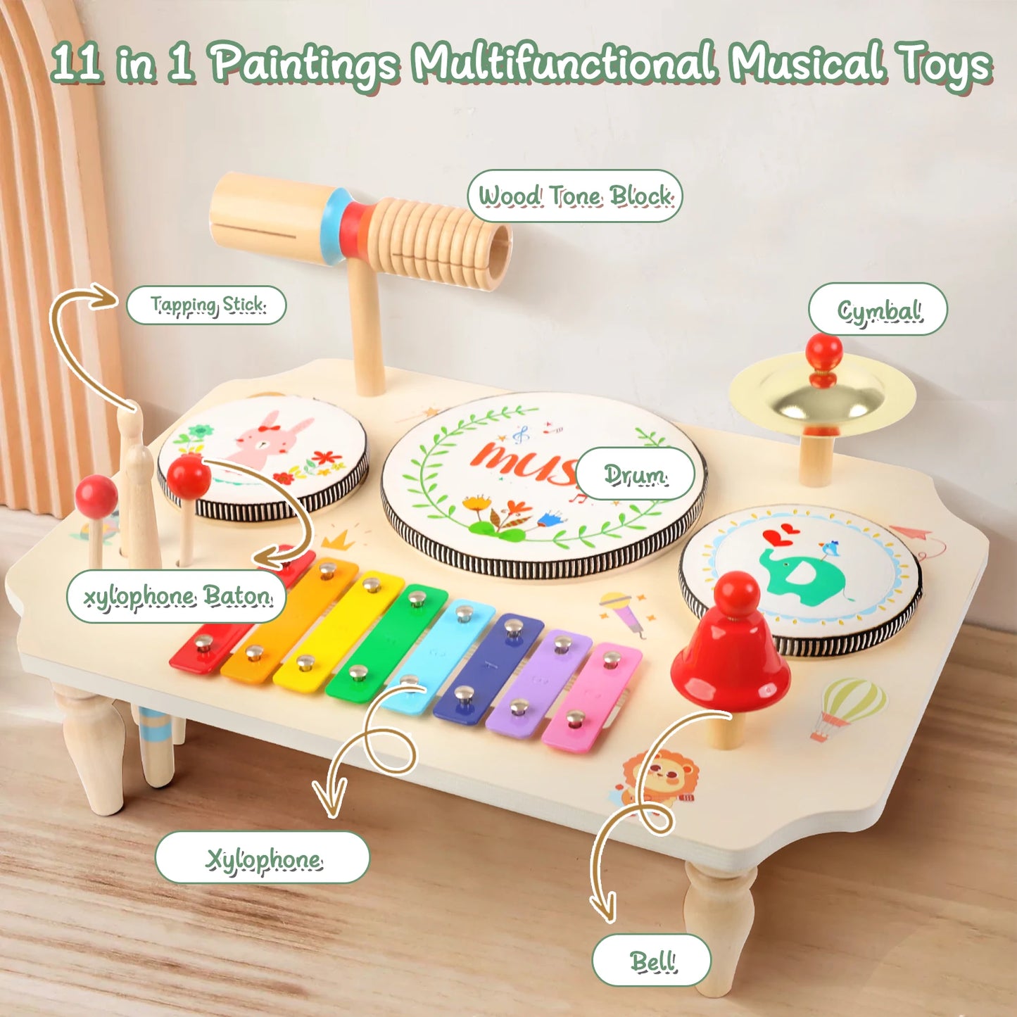 Children's Drum Kit Multi in One Musical Instruments for Ages 1 to 3 with Xylophone Montessori Baby Toy