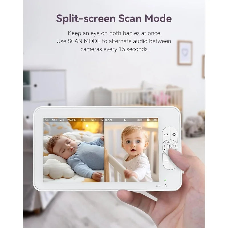 Split Screen Baby Monitor with 2 1080P Cameras 7 Inch HD 720P Baby Monitor No WiFi Flexible Bracket Video Baby Monitor with Camera and Audio 2 Way Audio Remote PTZ Auto Night Vision