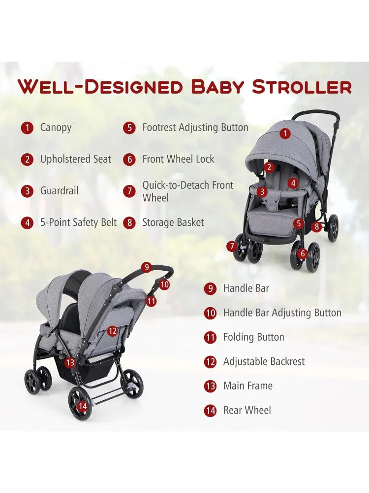 Foldable Double Stroller Lightweight Twin Tandem Seating
