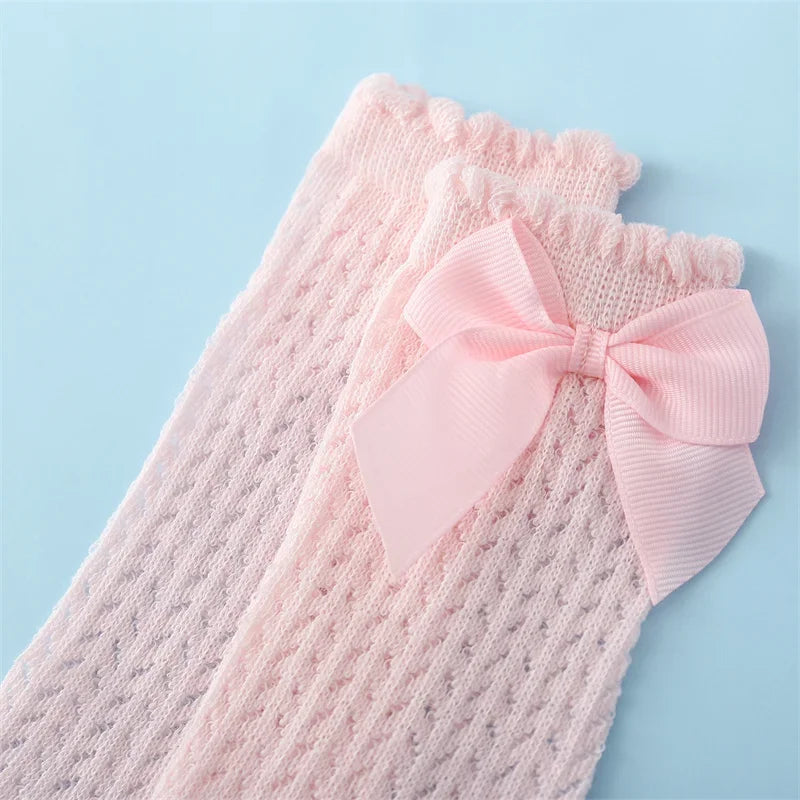 Cotton Baby Girl Socks With Big Bow Knee High Mesh 0to36M