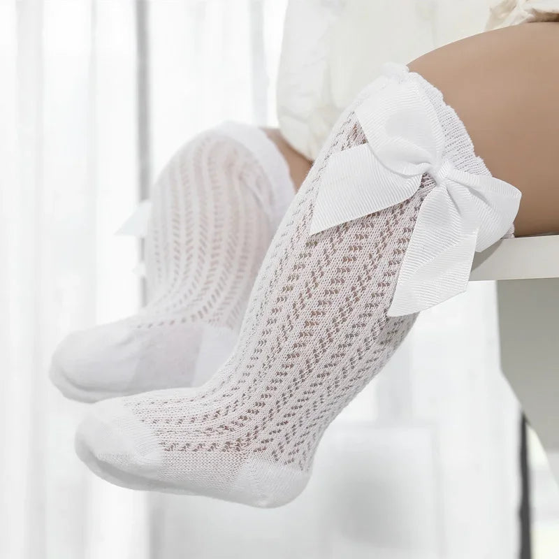 Cotton Baby Girl Socks With Big Bow Knee High Mesh 0to36M