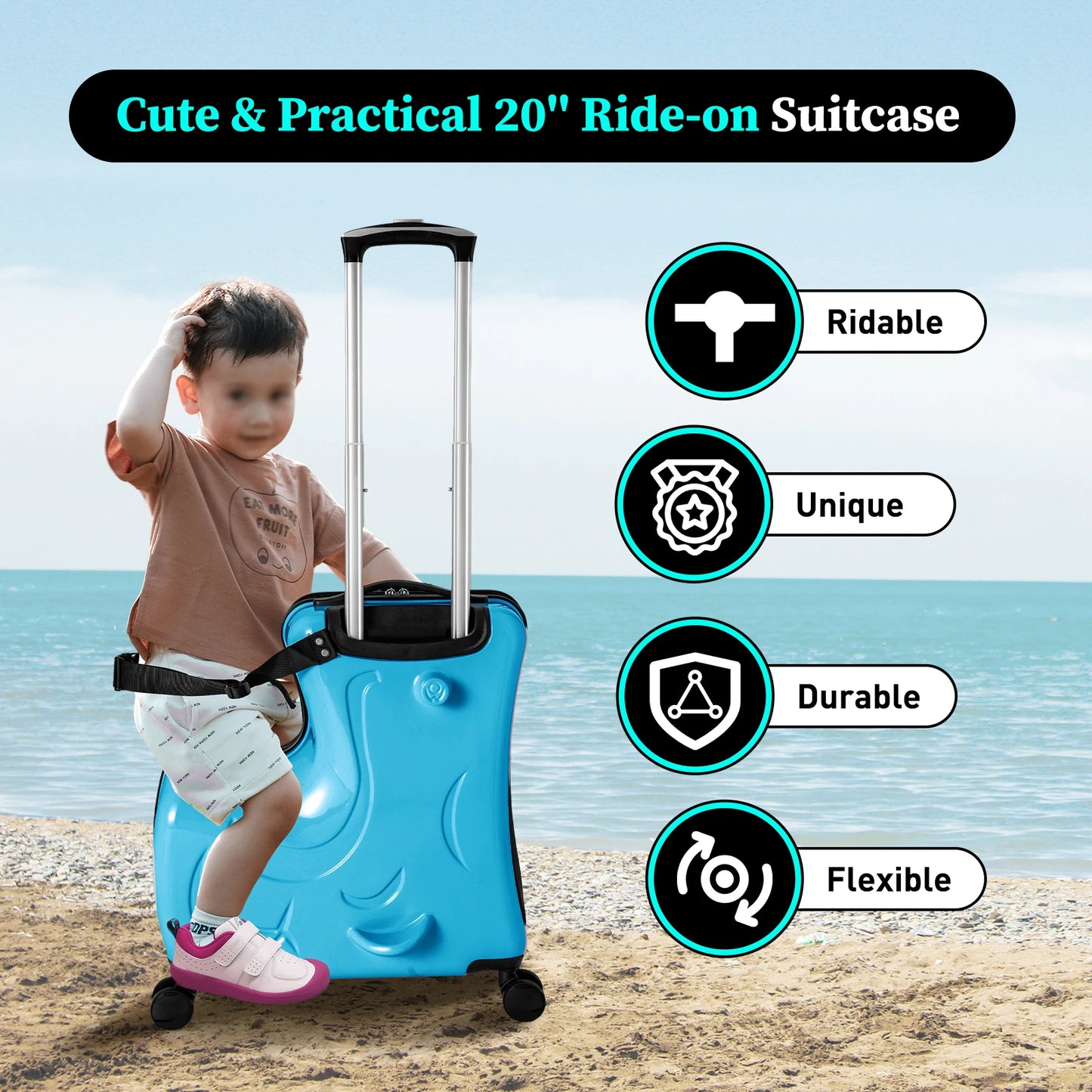 20 Inch Kids Riding Suitcase With 360 Degree Wheels Blue