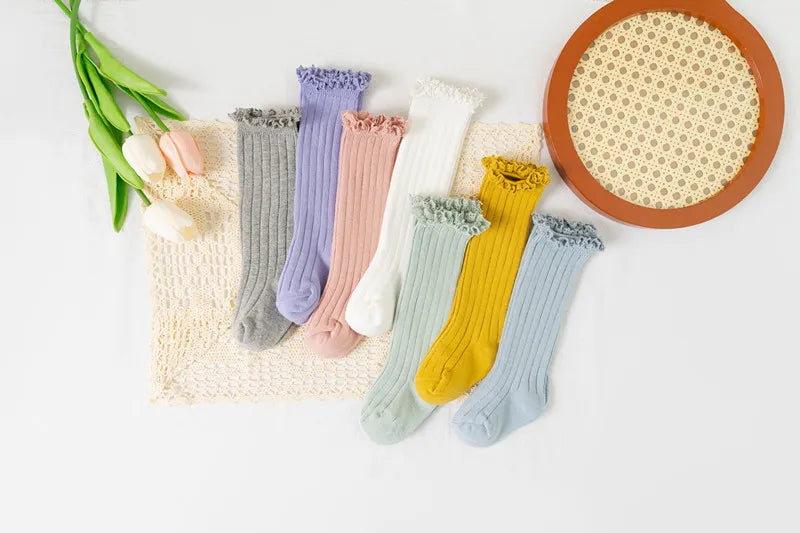 Ruffle Knee High Socks For Girls Cotton Lace Flower 0 To 8