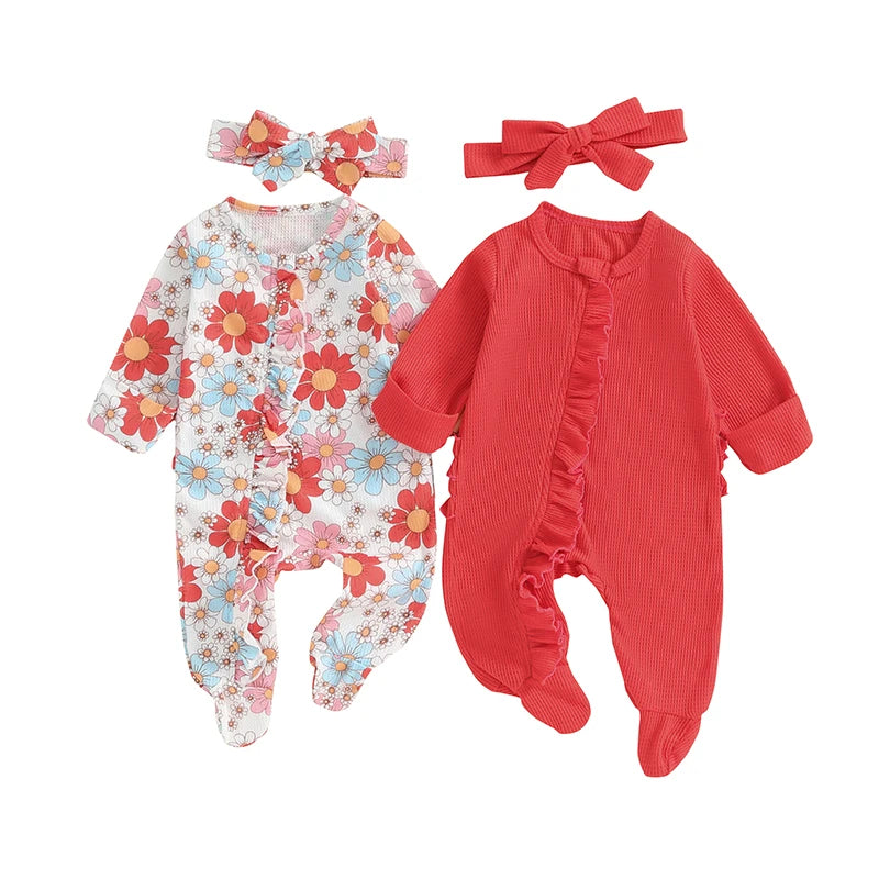 Toddler Girls Floral Ruffle Romper Set with Bow Headband Summer Outfit for Infants