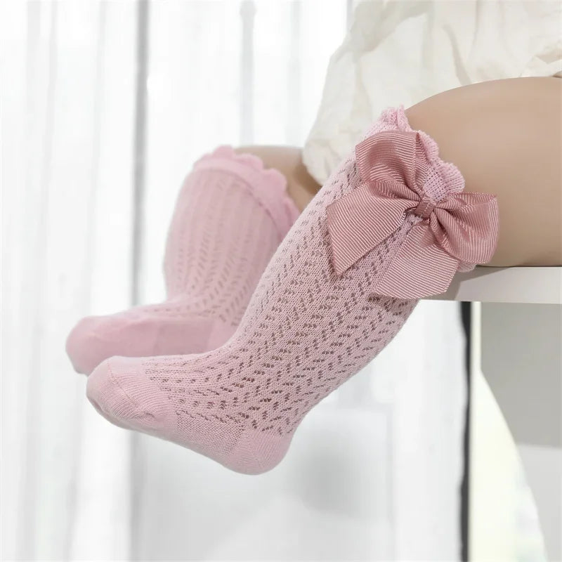 Cotton Baby Girl Socks With Big Bow Knee High Mesh 0to36M