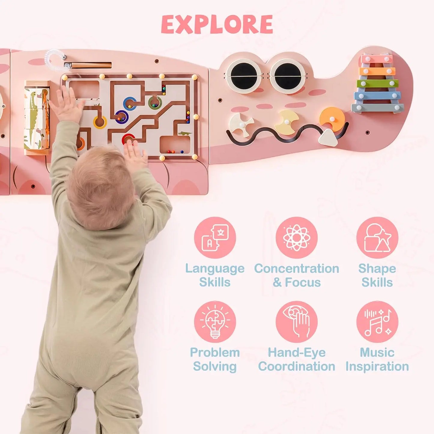 Robotime Robud Wooden Busy Board Montessori Learning Toy Wall Mounted Activity Centre with Gears Maze for Children