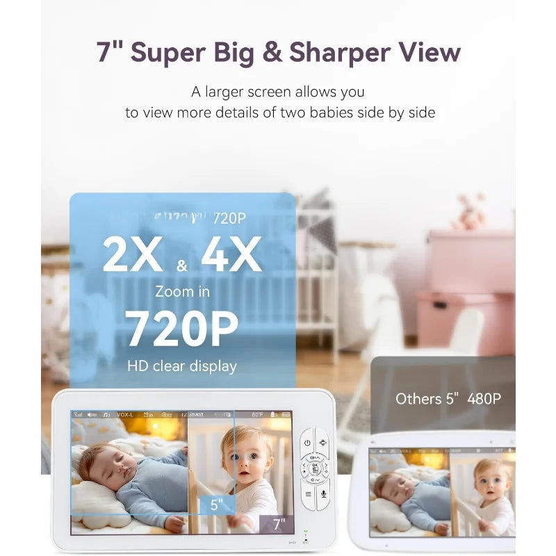 Split Screen Baby Monitor with 2 1080P Cameras 7 Inch HD 720P Baby Monitor No WiFi Flexible Bracket Video Baby Monitor with Camera and Audio 2 Way Audio Remote PTZ Auto Night Vision
