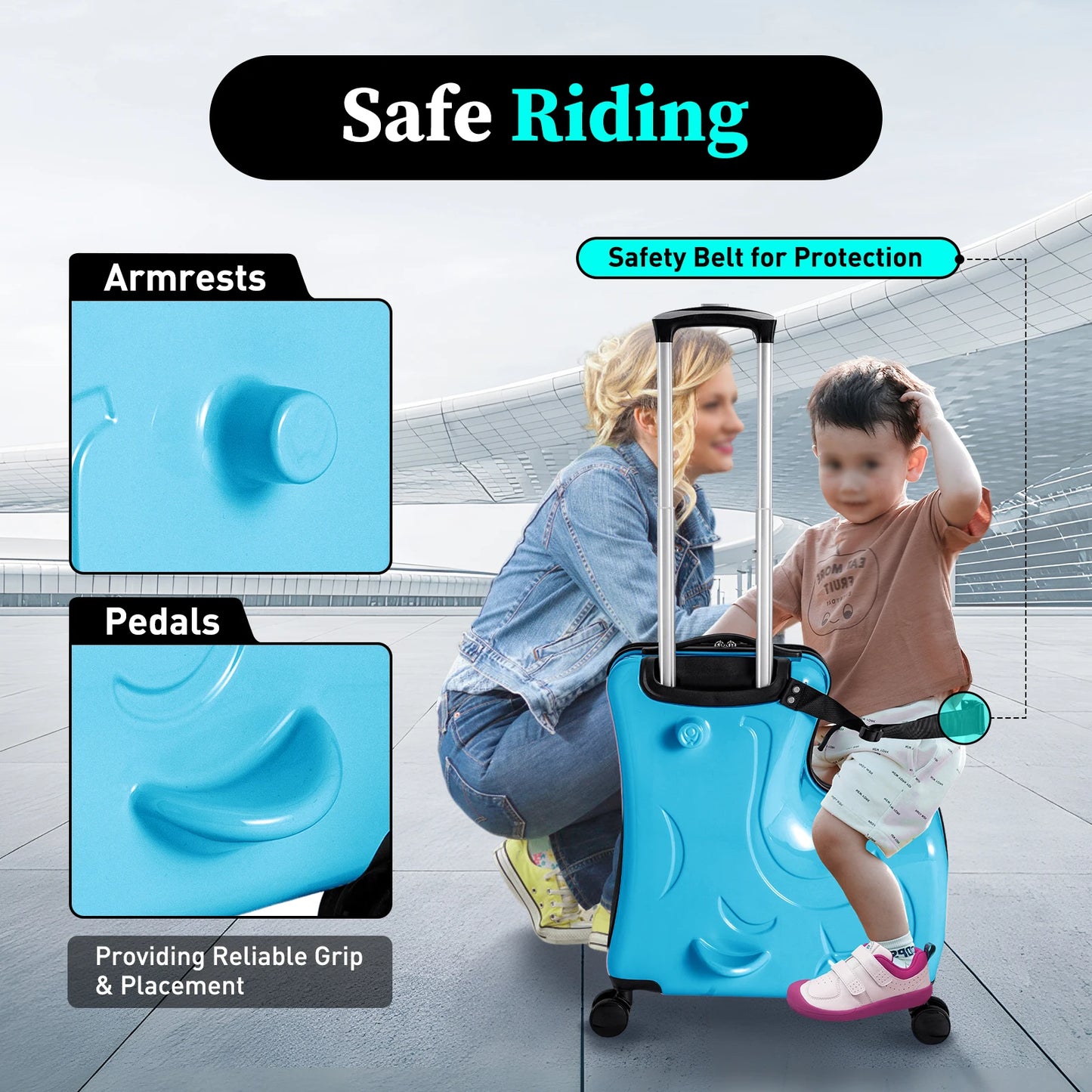 20 Inch Kids Riding Suitcase With 360 Degree Wheels Blue