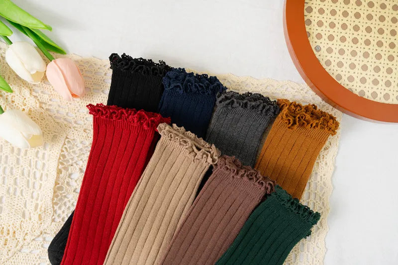 Ruffle Knee High Socks For Girls Cotton Lace Flower 0 To 8