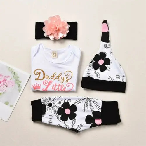 4PCS Set Infant Baby Girl Boy Short Sleeve Letter Print Romper Floral Pants Hat Headband Clothing Ensemble