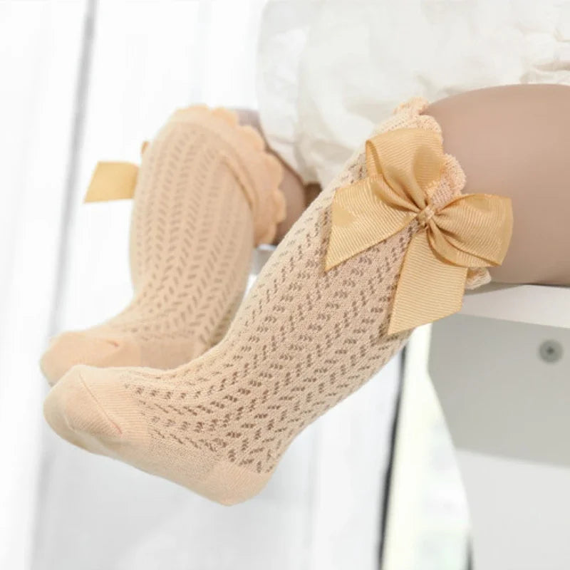 Cotton Baby Girl Socks With Big Bow Knee High Mesh 0to36M