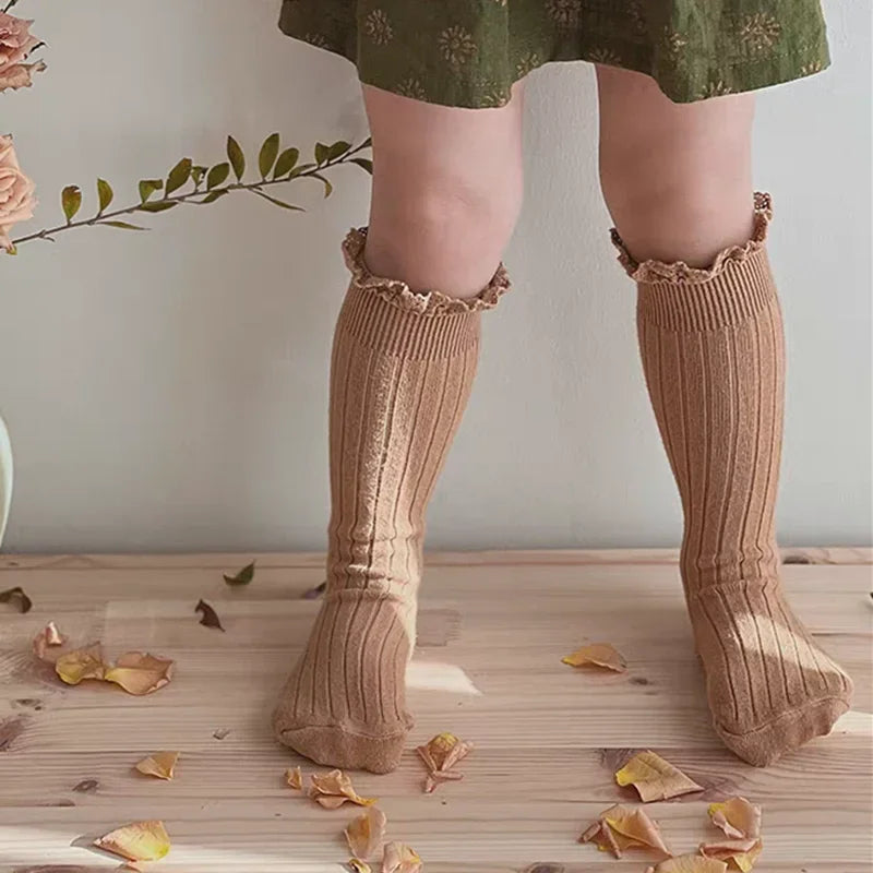 Ruffle Knee High Socks For Girls Cotton Lace Flower 0 To 8