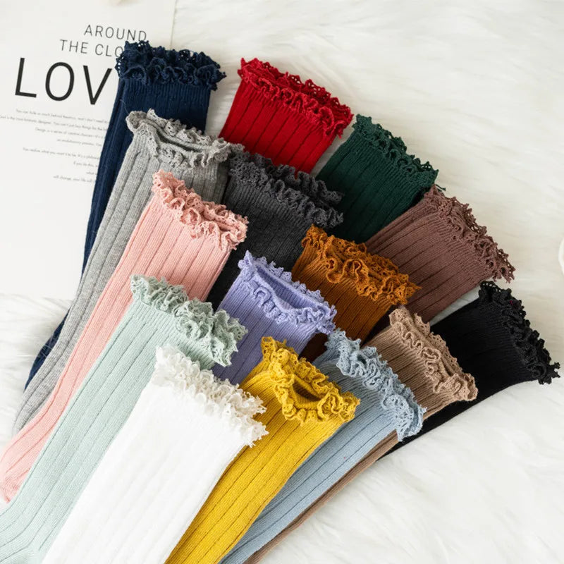 Ruffle Knee High Socks For Girls Cotton Lace Flower 0 To 8
