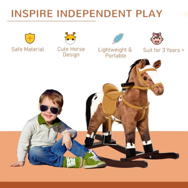 Kids Metal Plush Ride On Rocking Horse Chair Toy With Realistic Sounds Dark Brown White
