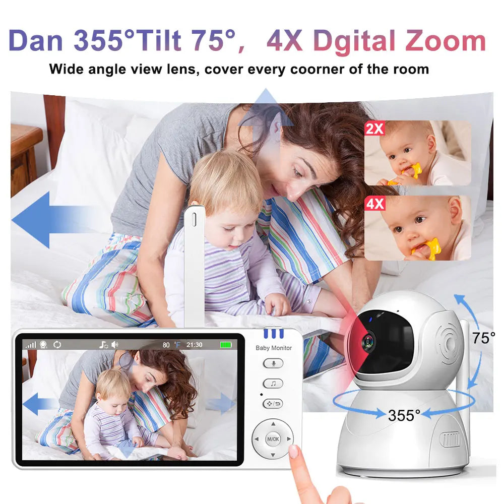 5 Inch Electronic Baby Monitor With Pan Tilt Zoom Camera Battery IPS Screen Wireless Babysitter Video Audio Lullaby Baby Nanny