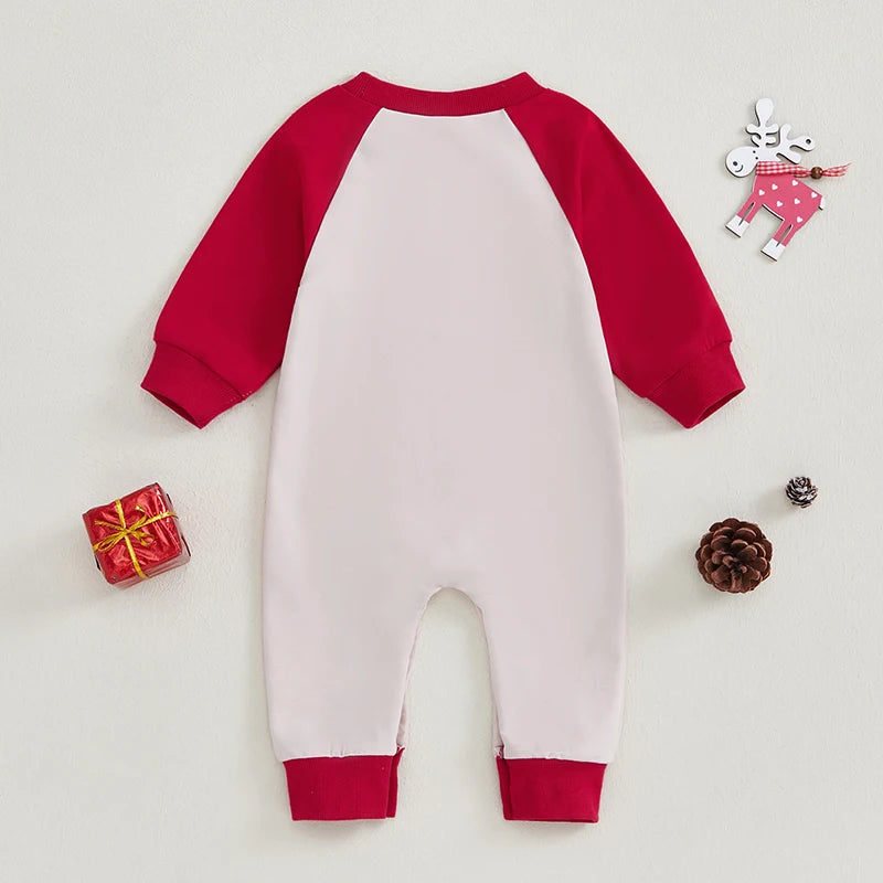 Infant Toddler Unisex Holiday Romper with Festive Santa Hat Print and Cozy Long Sleeves for Christmas Celebrations