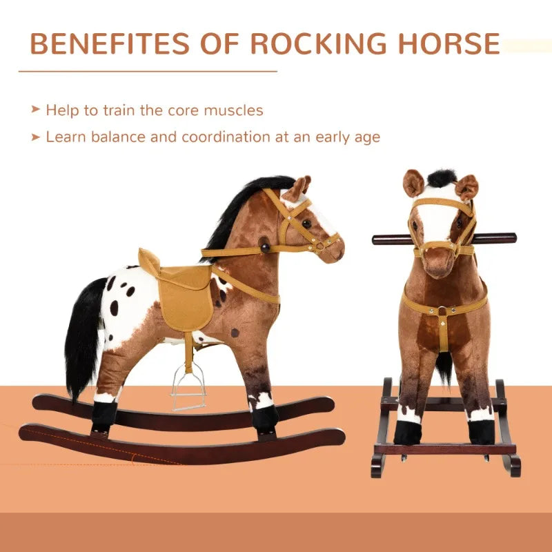 Kids Metal Plush Ride On Rocking Horse Chair Toy With Realistic Sounds Dark Brown White