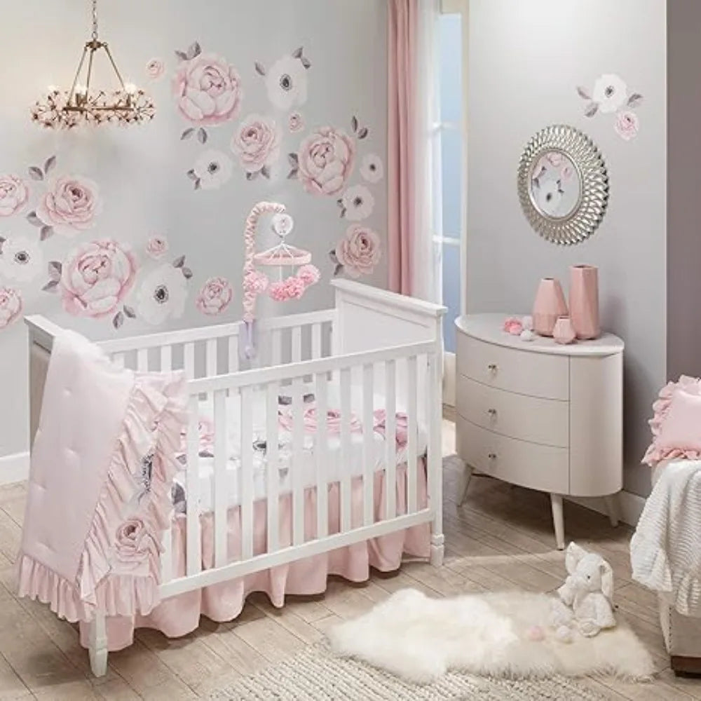 Floral Garden Watercolor Pink Linen 5 Piece Baby Crib Set