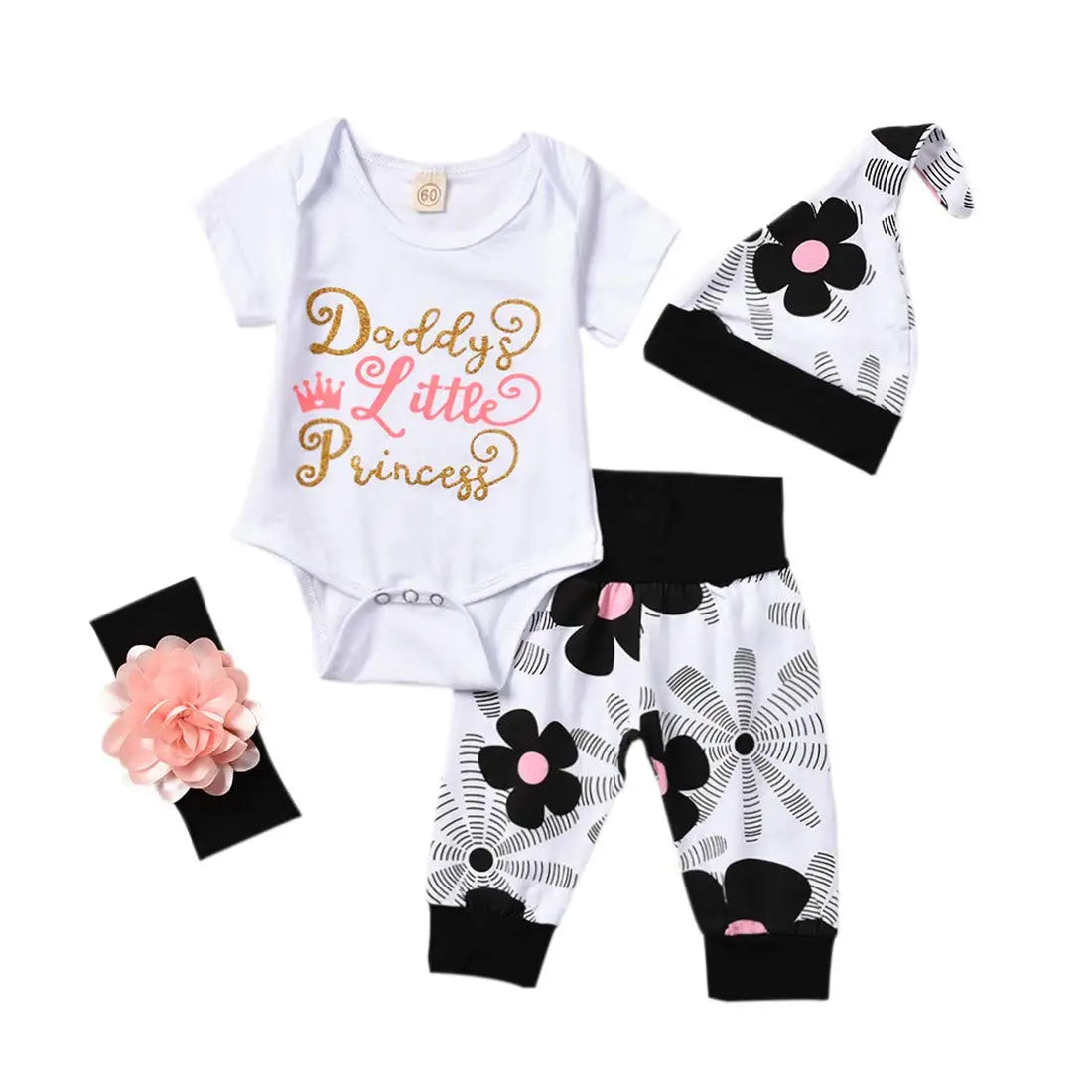 4PCS Set Infant Baby Girl Boy Short Sleeve Letter Print Romper Floral Pants Hat Headband Clothing Ensemble