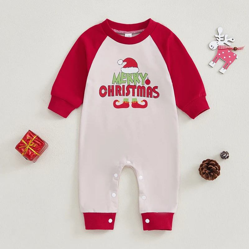 Infant Toddler Unisex Holiday Romper with Festive Santa Hat Print and Cozy Long Sleeves for Christmas Celebrations