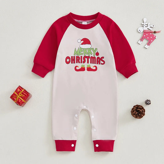 Infant Toddler Unisex Holiday Romper with Festive Santa Hat Print and Cozy Long Sleeves for Christmas Celebrations