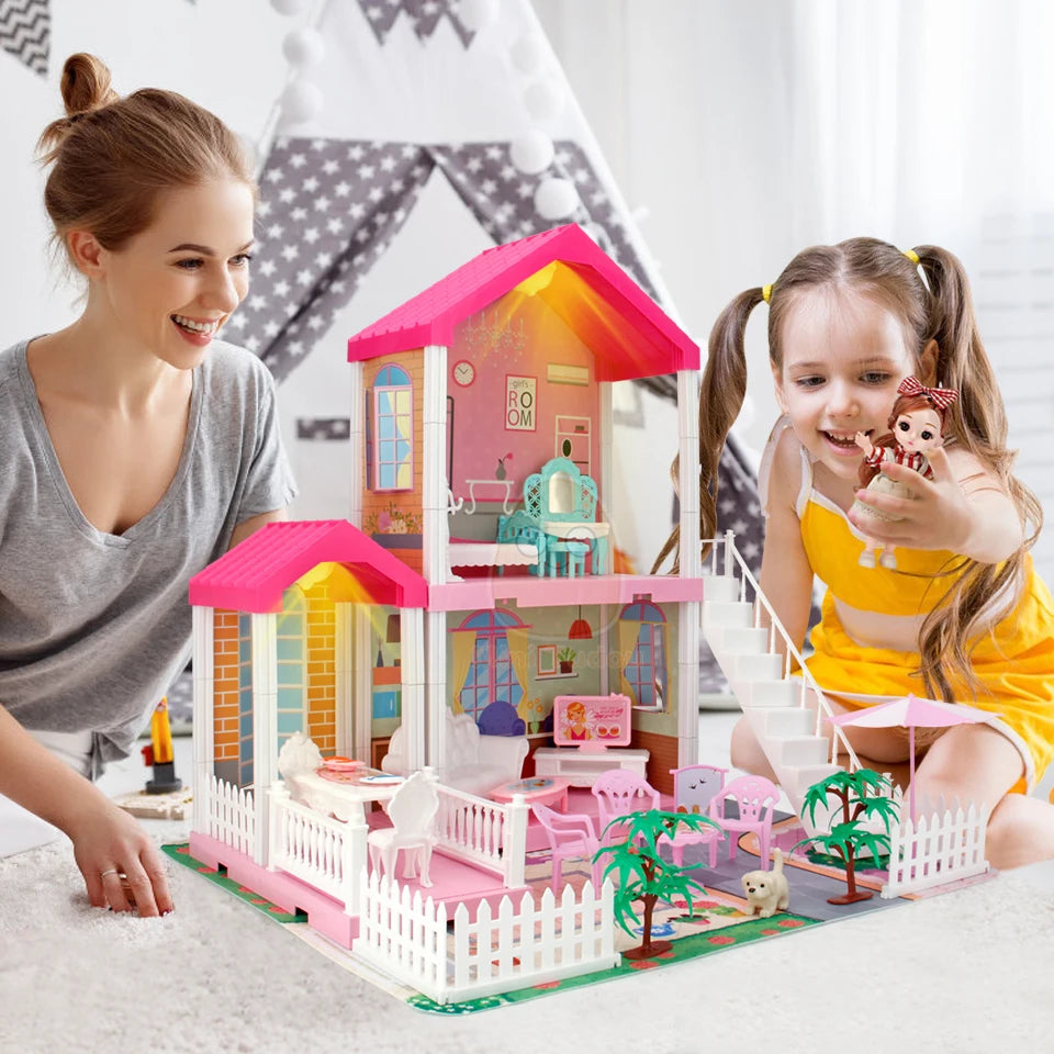 DIY Princess Big Villa Simulation Assembled Dollhouse Pink Castle Pretend Play Doll Game Educational Toy For Girl Birthday Gift
