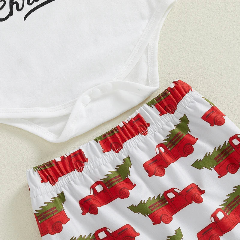 3 Pcs Baby Christmas Outfits Long Sleeve Truck Print Romper Pants Hat Set Infant Clothes