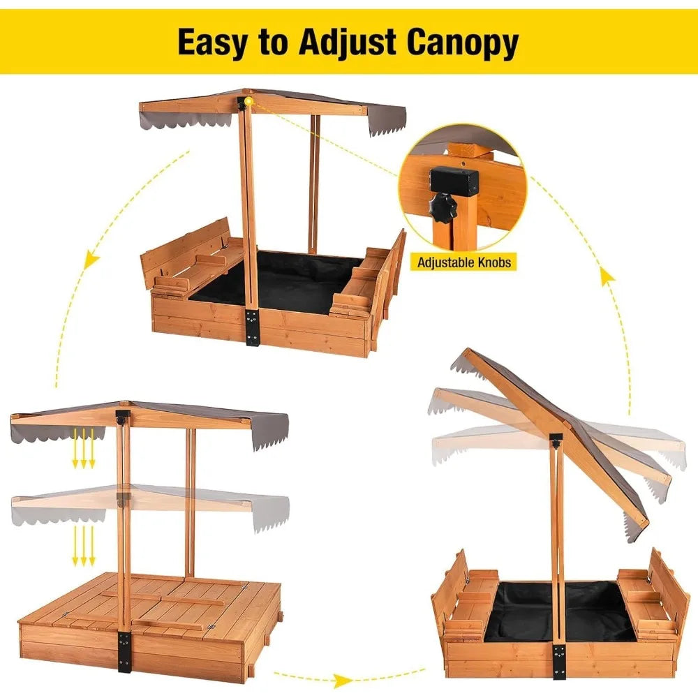 Kids Sandbox With Canopy And Foldable Bench Seats Outdoor