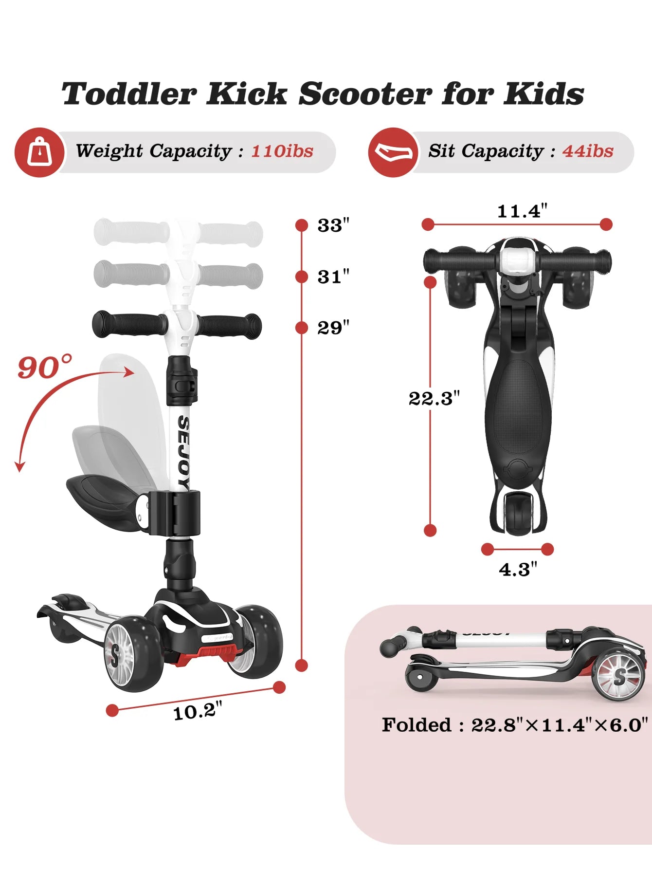 Sejoy 3-In-1 Three Wheel Kick Scooter With LED Flashing