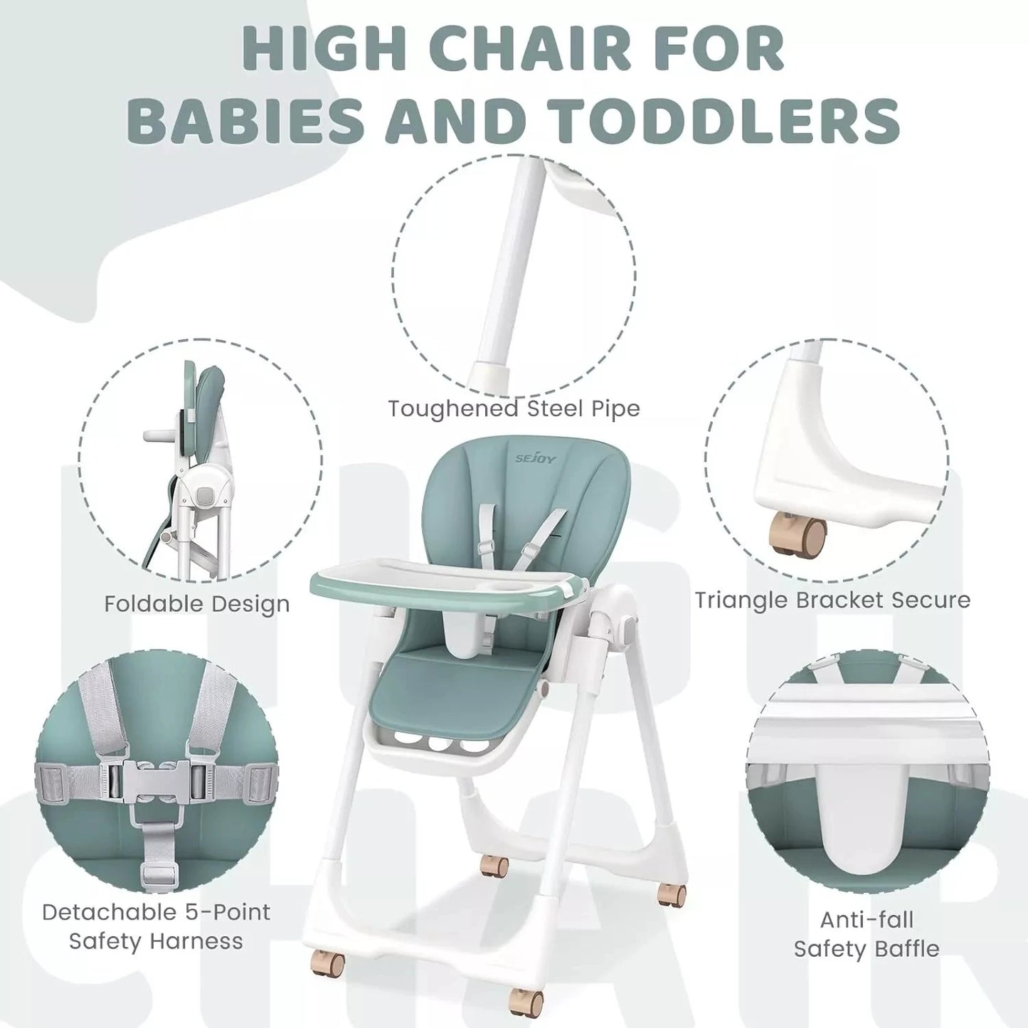 Sejoy Baby High Chair Foldable Highchair Adjustable Backrest Double Removable Tray Detachable PU Leather Cushion
