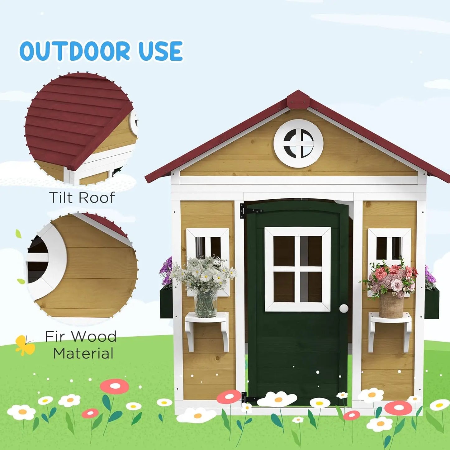 Beige Wooden Outdoor Playhouse For Toddlers 3 To 8 Years